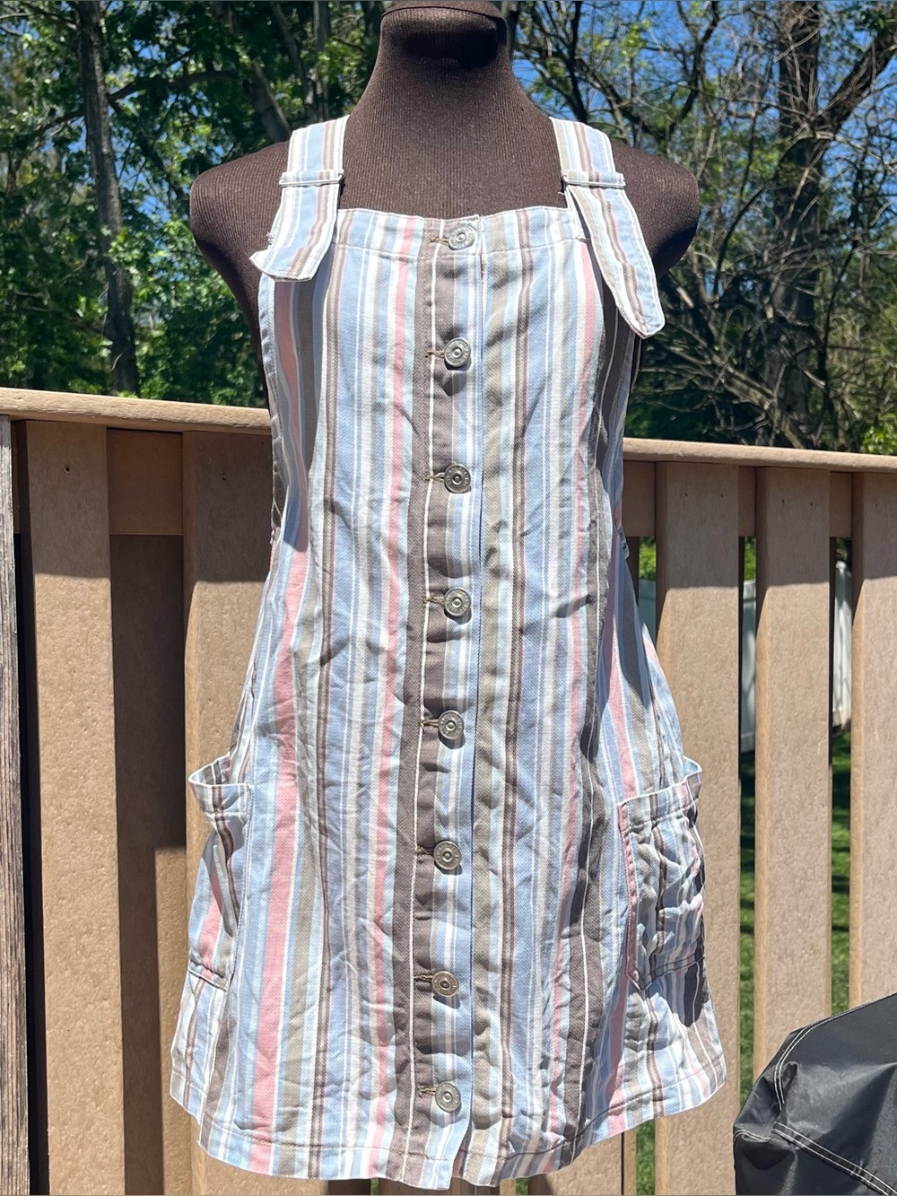 BDG 100% Cotton Pastel Striped Button Front Overall Dress Jumper Pockets Size M
